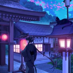 Rule 34 | 1girl, absurdres, architecture, black cat, black hair, cat, commentary, double bun, east asian architecture, english commentary, fantasy, from behind, hair bun, highres, kemme dreame, lamppost, lantern, long hair, original, outdoors, pink eyes, scenery, solo, standing, twintails