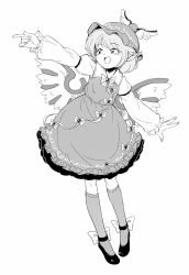 Rule 34 | 1girl, animal ears, bird ears, bird wings, black footwear, dress, feathered wings, greyscale, hat, highres, juliet sleeves, kneehighs, long sleeves, maguro (mawaru sushi), monochrome, mystia lorelei, open mouth, outstretched arms, pointing, puffy sleeves, short hair, socks, solo, touhou, white background, winged hat, wings