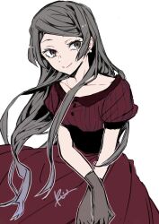 Rule 34 | 1girl, black hair, breasts, bungou stray dogs, closed mouth, collarbone, dress, earrings, gloves, grey eyes, highres, jewelry, long hair, mole, mole under eye, puffy short sleeves, puffy sleeves, r1kuuw, red dress, short sleeves, signature, simple background, smile, solo, swept bangs, tanizaki naomi, white background