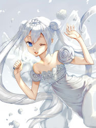 Rule 34 | 1girl, ;d, back bow, bishoujo senshi sailor moon, bishoujo senshi sailor moon (first season), blue eyes, bow, breasts, cleavage, collarbone, commentary request, diadem, dress, flower, gradient background, grey background, highres, holding, isaki uta, long dress, long hair, look-alike, looking at viewer, one eye closed, open mouth, princess serenity, rose, see-through, silver hair, small breasts, smile, solo, trait connection, twintails, very long hair, white dress, white flower, white rose