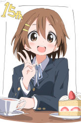 Rule 34 | 1girl, :d, absurdres, blue ribbon, brown eyes, brown hair, cake, commentary request, cup, cynical (llcbluckg c004), food, hair ornament, hairclip, highres, hirasawa yui, k-on!, long sleeves, looking at viewer, neck ribbon, open mouth, ribbon, sakuragaoka high school uniform, school uniform, short hair, simple background, smile, solo, tea, teacup, upper body, v, white background