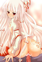 Rule 34 | 1girl, ass, bow, censored, cowgirl position, cum, cum in pussy, flat chest, fujiwara no mokou, girl on top, hair bow, hetero, long hair, looking back, multiple hair bows, nipples, penis, pussy, red eyes, rikudou inuhiko, sex, solo focus, straddling, touhou, vaginal, white hair