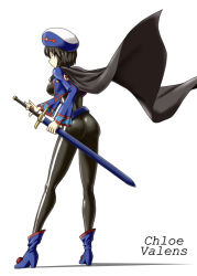 Rule 34 | 1girl, ass, black hair, bodysuit, brown eyes, cape, character name, chloe valens, cropped jacket, fighting stance, full body, hat, kousei (public planet), looking back, ready to draw, scabbard, sheath, shoes, short hair, solo, sword, tales of (series), tales of legendia, weapon, white background