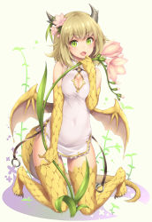 Rule 34 | 1girl, blonde hair, breasts, china dress, chinese clothes, cleavage, cleavage cutout, clothing cutout, covered navel, dragon girl, dragon horns, dragon tail, dragon wings, dress, fang, flower, full body, green eyes, hair flower, hair ornament, highres, horns, kneeling, low wings, medium breasts, open mouth, original, sasaame, scales, short hair, side slit, simple background, solo, tail, white background, wings