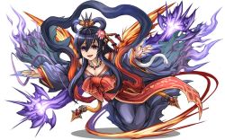 Rule 34 | 1girl, black hair, claws, dress, hair rings, itou youichi, izanami (p&amp;d), long hair, looking at viewer, magatama, md5 mismatch, neckerchief, official art, open clothes, open shirt, outstretched arms, purple dress, purple eyes, puzzle &amp; dragons, resized, shaded face, shirt, sidelocks, simple background, smile, snake, solo