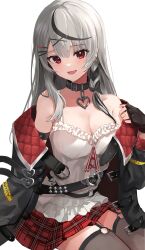Rule 34 | 1girl, absurdres, bare shoulders, belt, black belt, black collar, black gloves, black hair, black jacket, braid, breasts, camisole, cleavage, collar, commentary request, ear piercing, garter straps, gloves, grey hair, hair ornament, hairclip, heart pendant, highres, hololive, invisible chair, jacket, large breasts, long hair, miniskirt, multicolored hair, multiple belts, nixin404, off shoulder, open mouth, piercing, plaid, plaid skirt, red skirt, sakamata chloe, simple background, sitting, skirt, solo, streaked hair, virtual youtuber, white background, white camisole, x hair ornament