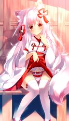 Rule 34 | 1girl, akiaki (mofumo-freak), animal ear fluff, animal ears, bell, blush, bow, bow panties, clothes lift, fox ears, fox girl, fox tail, hair ornament, hakama, hakama skirt, hand to own mouth, highres, japanese clothes, jingle bell, lifted by self, long hair, looking at viewer, miko, original, panties, red eyes, red skirt, sandals, shirt, silver hair, sitting, skirt, skirt lift, solo, tail, thigh gap, thighhighs, thighs, underwear, very long hair, white panties, white shirt, white thighhighs