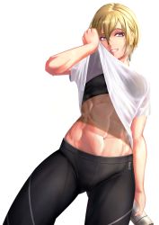 Rule 34 | 1girl, abs, absurdres, black leggings, black sports bra, blonde hair, blue eyes, bottle, breasts, clothes lift, commentary, feet out of frame, highres, holding, holding bottle, leggings, looking at viewer, medium breasts, mouth hold, nail polish, open mouth, original, pants, parted lips, purple nails, replikia, see-through, see-through shirt, shirt, shirt lift, short hair, smile, solo, sports bra, standing, stomach, sweat, sweatdrop, teeth hold, water bottle, white background, white shirt, yoga pants