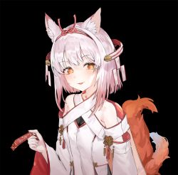 Rule 34 | 1girl, animal ear fluff, animal ears, bangosu, bare shoulders, black background, blush, copyright request, detached sleeves, dress, hand up, holding, long sleeves, looking at viewer, parted lips, red eyes, short hair, silver hair, simple background, solo, tail, tail raised, virtual youtuber, white dress, white sleeves, wide sleeves