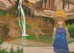 Rule 34 | 2girls, 77gl, :&lt;, ass, barefoot, blonde hair, carrying clothes, cirno, from behind, green eyes, hat, holding, holding clothes, moriya suwako, multiple girls, nature, no nose, nude, oekaki, outstretched arms, spread arms, standing, touhou, wading, water, waterfall