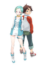 Rule 34 | 1boy, 1girl, aqua hair, back-to-back, bad id, bad pixiv id, blue eyes, boots, brown hair, collar, dress, eureka (eureka seven), eureka seven, eureka seven (series), from behind, hair ornament, hairclip, hands in pockets, looking at viewer, looking back, maeda risou, pants, pants rolled up, purple eyes, raglan sleeves, renton thurston, short hair, simple background, smile, standing, thigh strap, white background, white footwear
