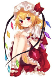 Rule 34 | 1girl, ass, blonde hair, blush, bow, closed mouth, crystal, flandre scarlet, floating, full body, hair bow, hands on own knees, hat, kirisita, knees up, light smile, looking at viewer, mob cap, one-hour drawing challenge, one side up, petticoat, puffy short sleeves, puffy sleeves, red bow, red eyes, red skirt, red vest, short hair, short sleeves, simple background, skirt, solo, touhou, vest, white background, white hat, wings, wrist cuffs