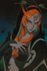 Rule 34 | 1girl, black robe, breasts, circlet, colored sclera, hand on own chest, highres, lisa (mochii lisa), long hair, looking to the side, midna, midna (true), nintendo, orange hair, purple lips, red eyes, robe, the legend of zelda, the legend of zelda: twilight princess, yellow sclera