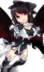 Rule 34 | 1girl, alternate costume, black hair, boots, bow, breasts, cape, cleavage, female focus, fingerless gloves, gloves, gradient background, hair bow, highres, long hair, mikomo0106, red eyes, reiuji utsuho, smile, solo, thigh boots, thighhighs, touhou, underboob, white background, wings