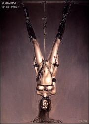 Rule 34 | 1girl, ball gag, bdsm, bondage, boots, bound, breast bondage, breasts, collar, crotch rope, full body, gag, gagged, hip bones, nipples, pinup (style), rope, shibari, solo, sorayama hajime, suspension, upside-down