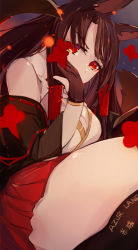 Rule 34 | 1girl, akagi (azur lane), animal ears, azur lane, bare shoulders, breasts, brown hair, cleavage, commentary, covered mouth, fox ears, fox girl, fox tail, gloves, japanese clothes, kimono, long hair, looking at viewer, off shoulder, partially fingerless gloves, pleated skirt, red eyes, red skirt, shika (shika0), skirt, solo, tail, thighs