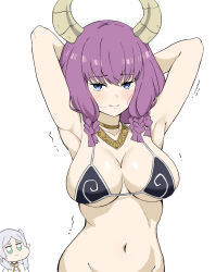 Rule 34 | 2girls, aqua eyes, arms behind head, arms up, aura (sousou no frieren), black bra, blue eyes, blush, bra, braid, breasts, chibi, cleavage, collarbone, demon girl, demon horns, desperate airpo, gold necklace, highres, horns, large breasts, looking at viewer, low-braided long hair, low-tied long hair, medium hair, motion lines, multiple braids, multiple girls, navel, necklace, purple hair, sideboob, simple background, sousou no frieren, stomach, tearing up, trembling, twin braids, underwear, white background, white hair, wide hips