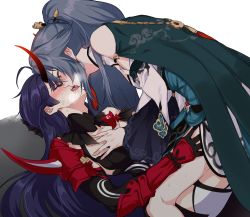 Rule 34 | 2girls, armor, black gloves, blue hair, blush, cape, french kiss, fu hua, fu hua (azure empyrea), girl on top, gloves, green cape, hands on another&#039;s chest, honkai (series), honkai impact 3rd, horns, kiss, long hair, looking at another, multiple girls, negom, ponytail, purple hair, raiden mei, raiden mei (herrscher of thunder), red horns, saliva, simple background, tongue, tongue out, white background, yuri