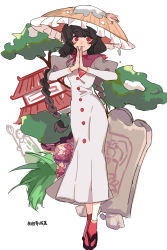 Rule 34 | 1girl, ajirogasa, animal, bird, black hair, braid, buttons, capelet, character name, closed mouth, dress, full body, grey dress, hat, highres, juliet sleeves, long hair, long legs, long sleeves, puffy sleeves, red capelet, red eyes, red socks, simple background, smile, snow, socks, solo, sparrow, touhou, twin braids, white background, xuetiaobugouzhang, yatadera narumi