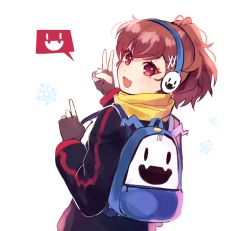 Rule 34 | 1girl, :d, alternate costume, backpack, bag, blush, brown hair, byoru, earmuffs, fingerless gloves, from behind, gloves, jack frost (megami tensei), long sleeves, looking back, open mouth, persona, persona 3, persona 3 portable, ponytail, red eyes, scarf, school uniform, shiomi kotone, simple background, smile, snowflakes, solo, v, white background, yellow neckwear