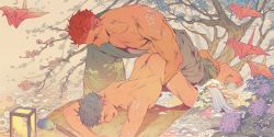 Rule 34 | 2boys, abs, anal, ass, bara, bare pectorals, barefoot, blue hair, blush, cherry blossoms, completely nude, couple, cum, ejaculation, feet, full body, implied handjob, japanese clothes, kimono, large pectorals, male focus, male penetrated, multiple boys, muscular, navel, navel hair, nipples, nude, open clothes, open kimono, origami, original, pectorals, penguin frontier, red hair, seigaiha, sex, short hair, thighs, toes, tree, undressing, yaoi
