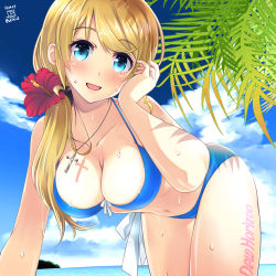 Rule 34 | 10s, 1girl, 2016, :d, alternate costume, bent over, bikini, blonde hair, blue bikini, blue eyes, blue sky, blush, body writing, bow, breasts, cleavage, cloud, collarbone, copyright name, cowboy shot, cross, cross necklace, dated, day, ellen baker, eyebrows, flower, hair flower, hair ornament, hair over shoulder, hair scrunchie, hibiscus, jewelry, large breasts, long hair, low ponytail, navel, necklace, new horizon, ocean, open mouth, outdoors, plant, ponytail, red flower, scrunchie, shade, shadow, signature, sky, smile, solo, sparkle, stomach, summer, swept bangs, swimsuit, weshika, wet, white bow