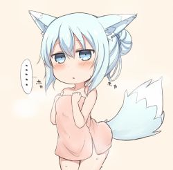 Rule 34 | ..., 1girl, animal ears, beige background, blue eyes, blue hair, blush, breasts, collarbone, commentary request, cowboy shot, fox ears, fox girl, fox tail, hair between eyes, hair bun, hibiki (kancolle), kantai collection, kemonomimi mode, long hair, naked towel, nonono (mino), parted lips, simple background, single hair bun, small breasts, solo, spoken ellipsis, sweat, tail, thigh gap, towel, wet