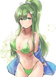 Rule 34 | 1girl, alternate hairstyle, bare shoulders, bikini, blue jacket, blush, breasts, collarbone, commentary request, cowboy shot, frog hair ornament, green bikini, green eyes, green hair, groin, hair between eyes, hair ornament, halterneck, highres, jacket, kochiya sanae, large breasts, lens flare, long hair, long sleeves, looking at viewer, navel, off shoulder, ponytail, sidelocks, simple background, smile, snake hair ornament, solo, sparkle, standing, stomach, swimsuit, thighs, touhou, very long hair, white background, y2