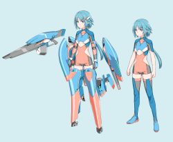 Rule 34 | 1girl, 212 (kisaragi), absurdres, armor, blue background, blue footwear, blue hair, bodysuit, boots, breasts, clenched hands, closed mouth, concept art, exoskeleton, gloves, grey gloves, gun, highres, mecha musume, multiple views, original, ponytail, purple eyes, simple background, small breasts, standing, thigh boots, thighhighs, underboob, weapon