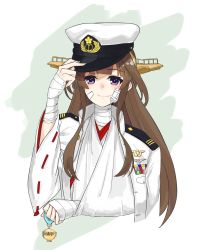Rule 34 | 10s, 1girl, arm sling, bandages, borrowed clothes, brown hair, cross-counter (screw upper), highres, injury, jacket, jacket on shoulders, kantai collection, kongou (kancolle), long hair, mvp, nontraditional miko, purple eyes, smile, solo, uniform