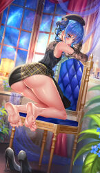 Rule 34 | 1girl, absurdres, ass, barefoot, blue eyes, blue hair, blush, chair, feet, hat, highres, hololive, hoshimachi suisei, long hair, looking at viewer, panties, pantyshot, parted lips, shoes, smile, soles, toes, underwear, unworn shoes, virtual youtuber
