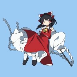 Rule 34 | 1girl, ascot, black footwear, black hair, blue background, closed mouth, collared shirt, commentary request, frilled hair tubes, frilled shirt collar, frilled skirt, frills, gohei, hair ribbon, hair tubes, hakurei reimu, holding, holding gohei, invisible, kaigen 1025, long hair, no nose, pink eyes, red ribbon, red skirt, red vest, ribbon, ribbon-trimmed sleeves, ribbon trim, shirt, simple background, skirt, sleeveless, sleeveless shirt, sleeves past wrists, socks, solo, touhou, vest, white shirt, white socks, yellow ascot