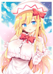 Rule 34 | 1girl, blonde hair, blue eyes, blue sky, blush, border, bow, bowtie, breasts, cloud, commentary request, commission, day, dress, fairy wings, hair between eyes, hair bow, hands up, head tilt, highres, large breasts, lily white, long hair, long sleeves, looking back, maturiuta sorato, outdoors, parted lips, red bow, red bowtie, sky, smile, solo, touhou, upper body, very long hair, white border, white dress, white headwear, wings