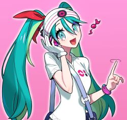 Rule 34 | 1girl, :d, aqua hair, bag, beanie, blue bag, blue eyes, blush, bracelet, collared shirt, commentary request, creatures (company), game freak, gloves, green hair, gyein, hair between eyes, hair ribbon, hand on headphones, hands up, hat, hatsune miku, headphones, highres, index finger raised, jewelry, korean commentary, long hair, looking at viewer, multicolored hair, musical note, nintendo, open mouth, pink background, pokemon, polo shirt, project voltage, psychic miku (project voltage), red ribbon, ribbon, shirt, short sleeves, shoulder bag, single glove, smile, solo, twintails, upper body, very long hair, vocaloid, white gloves, white hat, white shirt