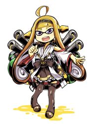 Rule 34 | 10s, 1girl, :d, ahoge, bare shoulders, boots, brown hair, brown skirt, detached sleeves, frilled skirt, frills, full body, highres, inkling, inkling player character, kantai collection, kongou (kancolle), long hair, looking at viewer, machinery, md5 mismatch, nintendo, nontraditional miko, open mouth, pleated skirt, purple eyes, simple background, skirt, smile, solo, splatoon (series), splatoon 1, tanashi (mk2), tentacle hair, thigh boots, thighhighs, white background