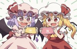 Rule 34 | 2girls, :d, @ @, ascot, bat wings, blonde hair, controller, crystal, fang, flandre scarlet, game controller, hat, hat ribbon, holding, holding controller, holding game controller, mob cap, multiple girls, nintendo switch, one side up, open mouth, pink headwear, pink shirt, pink skirt, playing games, purple hair, red eyes, red ribbon, red skirt, red vest, remilia scarlet, ribbon, rokugou daisuke, shirt, short sleeves, siblings, sisters, skirt, smile, tears, touhou, v-shaped eyebrows, vest, white background, white headwear, white shirt, wings, yellow ascot