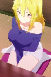 Rule 34 | 1girl, absurdres, aoba tsukuyo, arm under breasts, blonde hair, blue shirt, blush, breasts, collarbone, highres, large breasts, long hair, long sleeves, red eyes, screencap, seiza, shirt, shorts, sidelocks, sitting, stitched, table, temple (series), thighs, third-party edit