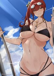 Rule 34 | 1girl, absurdres, alternate costume, azur lane, bad id, bad pixiv id, bad proportions, bikini, black bikini, breasts, brown eyes, cleavage, cloud, cloudy sky, cowboy shot, day, glint, goggles, goggles on head, hair between eyes, hair ornament, highres, huge filesize, kukikomori, large breasts, looking at viewer, medium hair, navel, outdoors, red hair, side ponytail, skindentation, sky, smile, solo, sunlight, swimsuit, twitter username, wet, whistle, whistle around neck, zara (azur lane), zara (poolside coincidence) (azur lane)