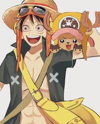 Rule 34 | 2boys, antlers, bag, black hair, black shirt, blush, carrying, commentary request, goggles, hat, highres, horns, looking to the side, male focus, monkey d. luffy, multiple boys, one piece, one piece: strong world, op 1156, reindeer antlers, scar, scar on face, shirt, short hair, simple background, straw hat, tony tony chopper, white background