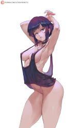 Rule 34 | 1girl, armpits, arms up, ass, black choker, boku no hero academia, bottomless, breasts, choker, cowboy shot, curvy, cutesexyrobutts, facepaint, highres, huge ass, jirou kyouka, looking at viewer, no bra, no panties, purple eyes, purple hair, purple tank top, short hair, simple background, small breasts, solo, standing, strap gap, stretching, tank top, thighs, white background