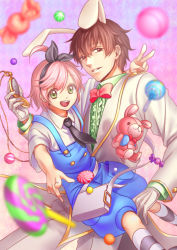 Rule 34 | 2boys, aikabocha, alice (alice in wonderland), alice (alice in wonderland) (cosplay), alice in wonderland, animal ears, asahina masaomi, asahina wataru, bag, bow, bowtie, brothers, brothers conflict, brown eyes, candy, cosplay, food, gloves, green eyes, kneehighs, lollipop, male focus, multiple boys, necktie, open mouth, overalls, pink hair, rabbit, rabbit ears, satchel, short hair, siblings, smile, socks, striped clothes, striped legwear, striped thighhighs, stuffed animal, stuffed rabbit, stuffed toy, swirl lollipop, thighhighs, trap, v, white gloves, white rabbit (alice in wonderland), white rabbit (cosplay), yellow eyes