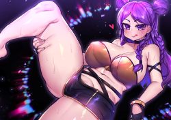 Rule 34 | 1girl, :q, alternate breast size, barefoot, black choker, black gloves, blush, braid, breasts, choker, curvy, double bun, fingerless gloves, gloves, half gloves, heart, k/da (league of legends), k/da kai&#039;sa, kai&#039;sa, large breasts, league of legends, long hair, looking at viewer, microphone, navel, osiimi, purple eyes, purple hair, pussy, pussy peek, reclining, short shorts, shorts, smile, solo, spread legs, sweat, thick thighs, thighs, tongue, tongue out