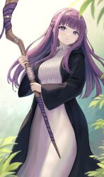 Rule 34 | 1girl, absurdres, black coat, blunt bangs, closed mouth, coat, commentary, dress, english commentary, expressionless, fern (sousou no frieren), half updo, highres, holding, holding staff, long coat, long hair, long sleeves, looking at viewer, narijade, outdoors, plant, purple eyes, purple hair, solo, sousou no frieren, staff, straight hair, white dress