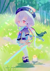 1girl aqua_shorts aquila_favonia_(genshin_impact) bamboo bamboo_forest bead_necklace beads bird black_shoes blue_dress blurry blurry_background braid braided_ponytail cape china_dress chinese_clothes closed_mouth coin_hair_ornament commentary_request day dress earrings flower forest frown genshin_impact giuniu_(unc_135) grass hair_between_eyes hair_ornament hat hat_tassel highres holding holding_sword holding_weapon jewelry light_particles long_hair long_sleeves looking_at_viewer nature necklace ofuda ofuda_on_head orb outdoors pom_pom_(clothes) purple_cape purple_dress purple_eyes purple_hair purple_hat qingdai_guanmao qiqi_(genshin_impact) rock serious shadow shoes short_eyebrows shorts shorts_under_dress sidelocks single_braid solo sphere_earrings standing sword tassel thighhighs v-shaped_eyebrows very_long_hair vision_(genshin_impact) weapon white_flower white_thighhighs yin_yang yin_yang_orb