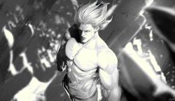 Rule 34 | 1boy, absurdres, ammenite, blurry, blurry background, choujin x, collarbone, floating hair, greyscale, highres, hoshi sandek (choujin x), looking at viewer, monochrome, muscular, muscular male, short hair, solo, torn clothes