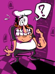Rule 34 | 1boy, ?, asymmetrical eyes, black hair, black pants, black shirt, black undershirt, checkered floor, chef hat, clenched teeth, commentary, english commentary, facial hair, fat, fat man, fewer digits, flying sweatdrops, full body, hat, highres, long nose, male focus, mcpig, mustache, nervous sweating, pants, peppino spaghetti, pizza tower, pointing, pointing at self, purple background, ringed eyes, shirt, short hair, short sleeves, sleeveless, sleeveless shirt, solo, spoken question mark, standing, sweat, teeth, toon (style), tower, undershirt, white hat, white shirt