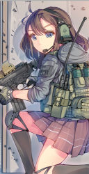 Rule 34 | 1girl, american flag, ammunition pouch, assault rifle, blue eyes, body armor, brown hair, daito, gloves, gun, headset, knee pads, load bearing vest, long hair, lowres, original, pleated skirt, radio, rifle, skirt, sleeves pushed up, solo, weapon