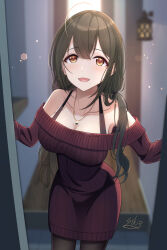 Rule 34 | 1girl, :d, absurdres, ahoge, armpits, artist name, bare shoulders, blurry, blurry background, blush, bokeh, bra strap, breasts, brown eyes, brown hair, cleavage, collarbone, commentary request, depth of field, doorway, dress, hair between eyes, highres, idolmaster, idolmaster shiny colors, indoors, jewelry, kuwayama chiyuki, large breasts, long hair, long sleeves, looking at viewer, necklace, off-shoulder sweater, off shoulder, open mouth, pantyhose, pov doorway, red sweater, sconce, sikimosh, smile, solo, sweater, very long hair, wooden floor