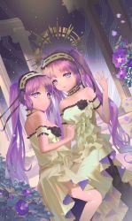 Rule 34 | 2girls, absurdres, breasts, corette, dress, euryale (fate), fate/grand order, fate (series), flower, hair behind ear, hairband, halo, highres, lolita hairband, looking at viewer, looking to the side, medium breasts, multiple girls, off-shoulder dress, off shoulder, open hand, open mouth, purple eyes, purple flower, purple hair, siblings, sisters, sitting, smile, stheno (fate), twintails, white dress