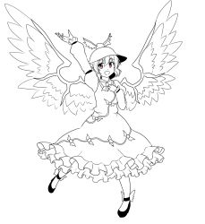 Rule 34 | 1girl, bird wings, dress, frilled dress, frilled sleeves, frills, greyscale, hand on own chest, hat, highres, isaki (gomi), long sleeves, monochrome, monochrome, music, mystia lorelei, red eyes, singing, spot color, touhou, winged hat, wings